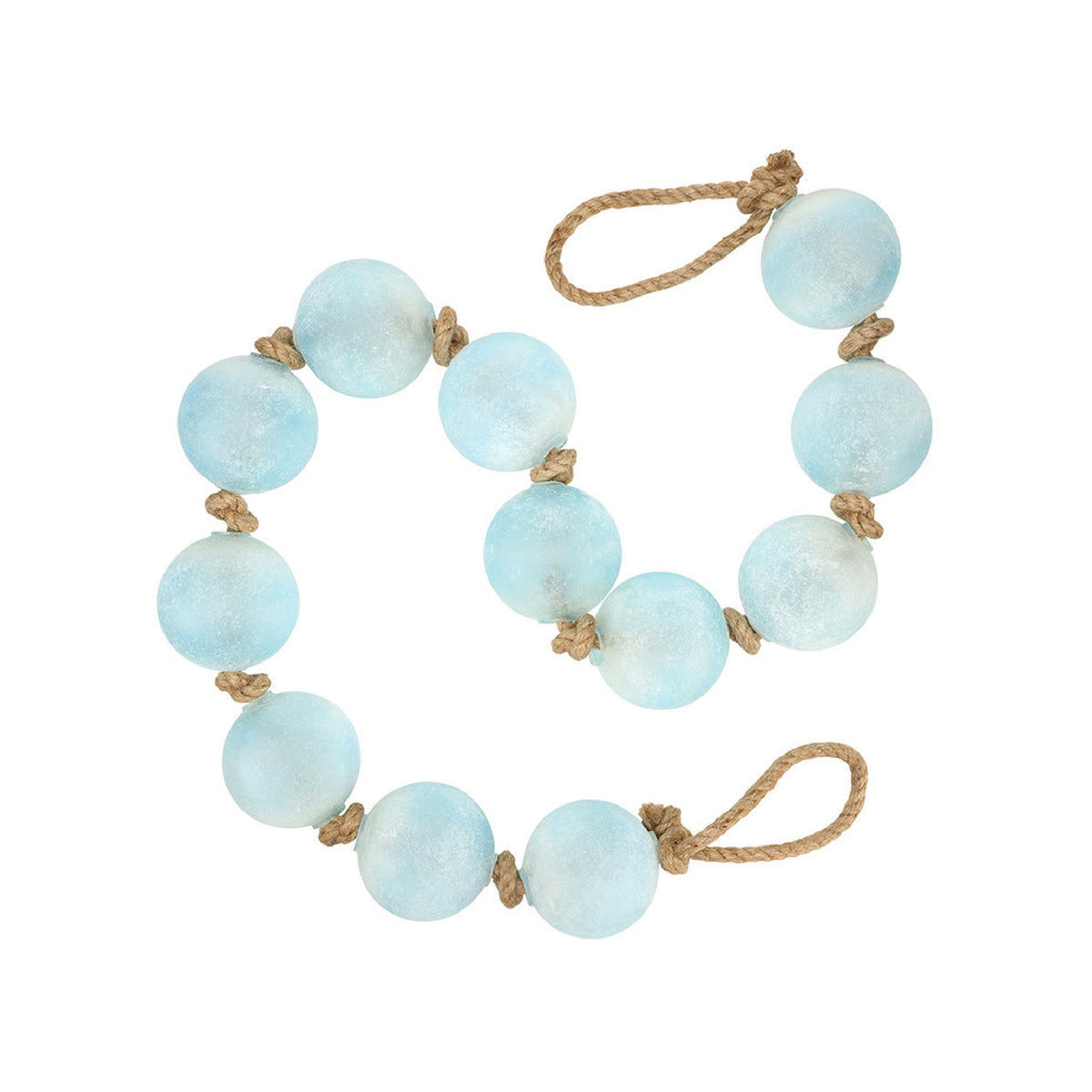 Light blue beaded garland with natural rope on a white background