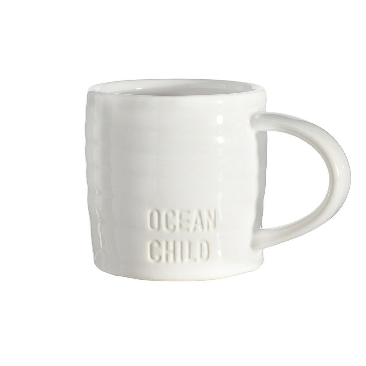 White mug with 'Ocean Child' text on a white background
