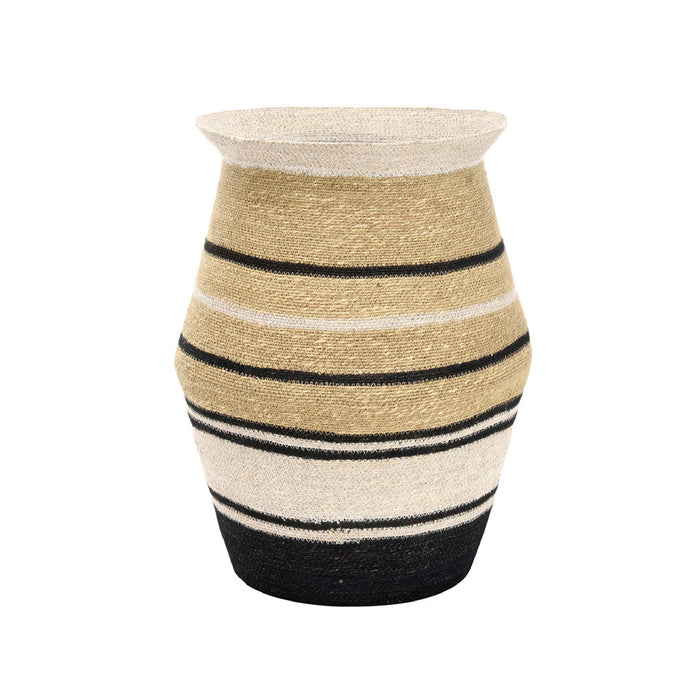 Striped basket with beige, black, and white pattern on a white background
