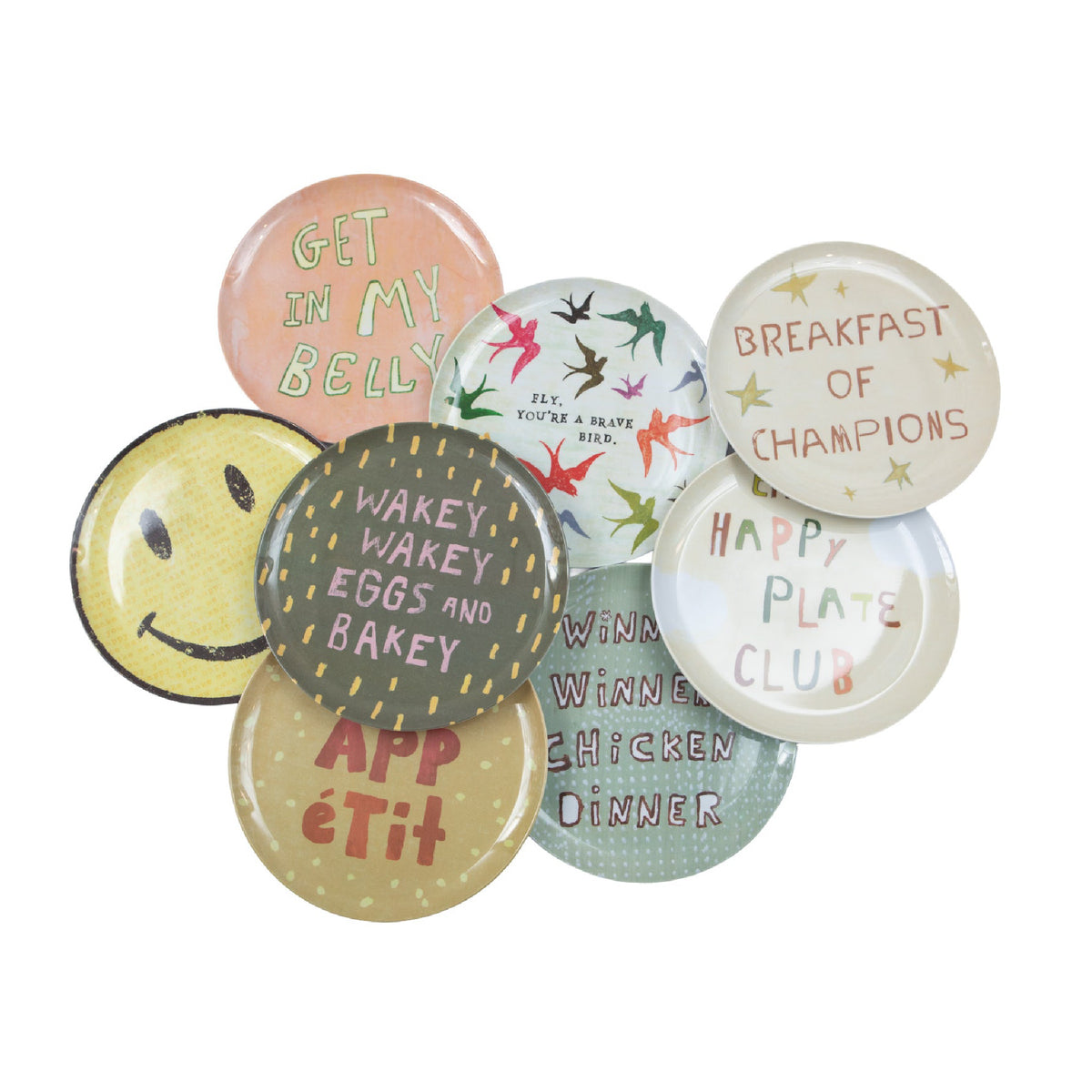 Set of colorful plates with humorous sayings on a white background