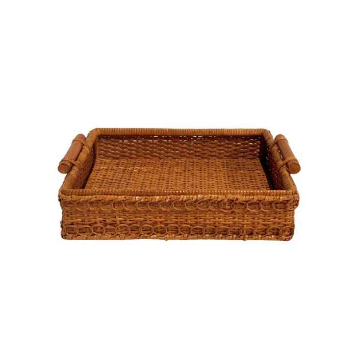 Woven rattan tray with decorative handles on a white background