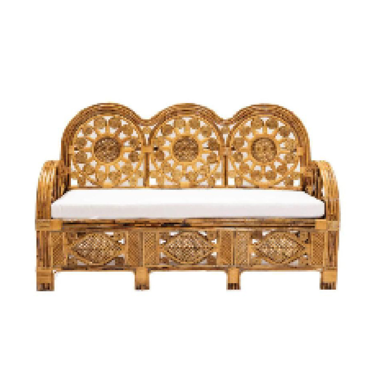 Rattan bench with white cushion on a white background