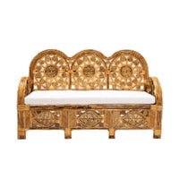 Rattan bench with white cushion on a white background