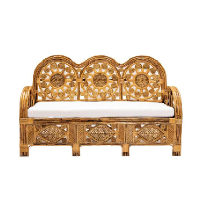 Rattan bench with white cushion on a white background
