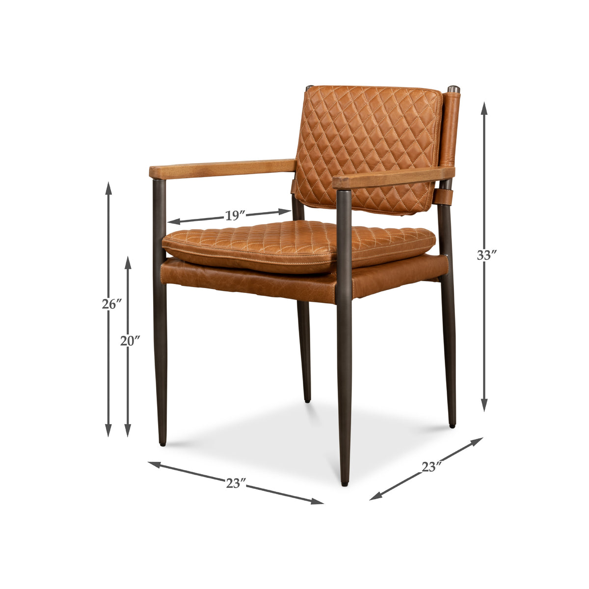 Harley Columbia Leather Chair by Sarreid, Ltd.: brown quilted vintage leather, black legs, labeled dimensions shown.