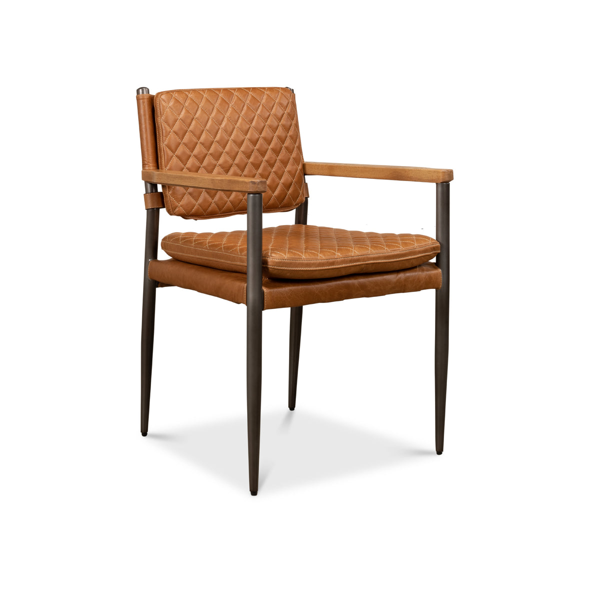 The Harley Columbia Leather Chair by Sarreid, Ltd. features a quilted seat, wood arms—ideal for a chic hotel lobby.