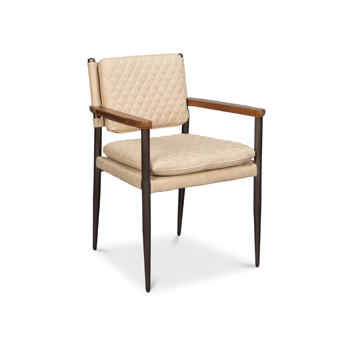 Harley Cappuccino Leather Chair by Sarreid, Ltd. features quilted beige seat, wood arms, and black tapered legs.