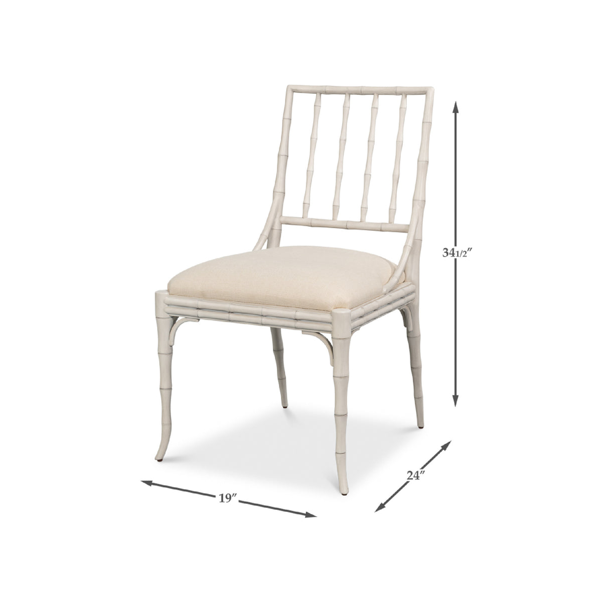 Sarreid, Ltd. Elora Working White Dining Chair (set of 2), upholstered seat, 34.5"H x 19"W x 24"D faux-bamboo frame.