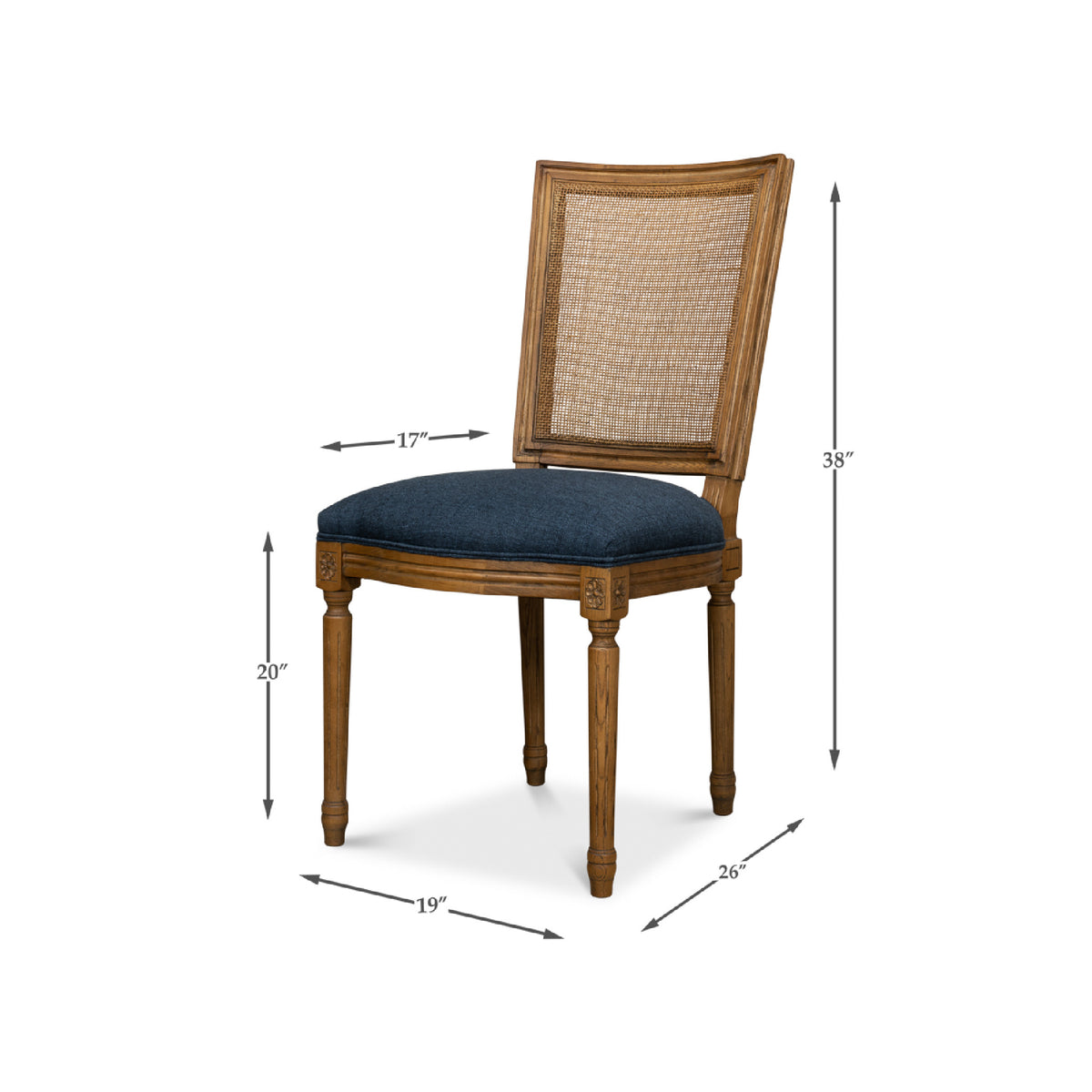 Boyd Navy-Seat Woven Chair set by Sarreid, Ltd.: cane back, blue cushion, hand-carved legs; height, seat & depth shown.