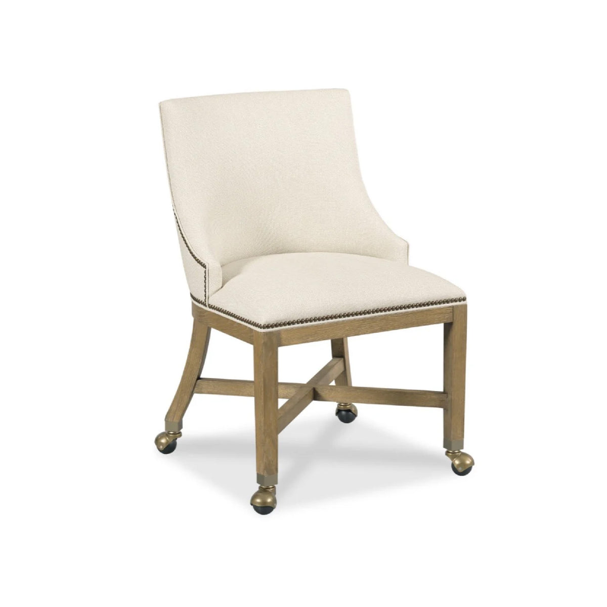 Morgan Game Chair with Handle by Woodbridge Furniture—cream upholstery, wood legs, brass casters; ideal for your office.