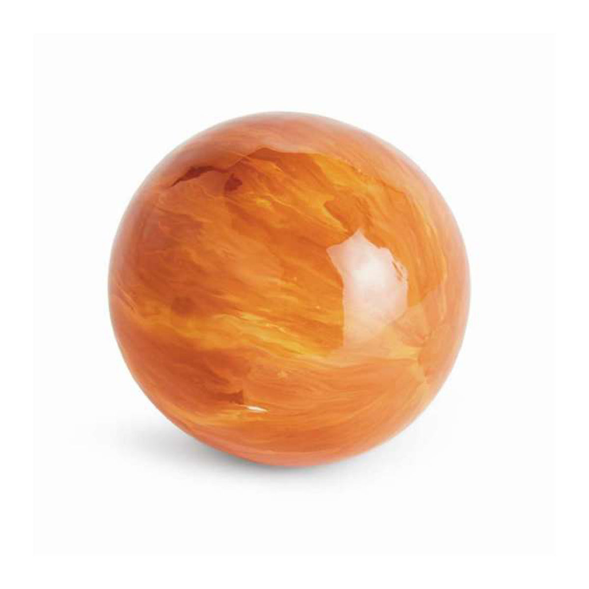 A polished orange stone sphere with natural marbled swirls of amber and yellow, shown on a clean white background.