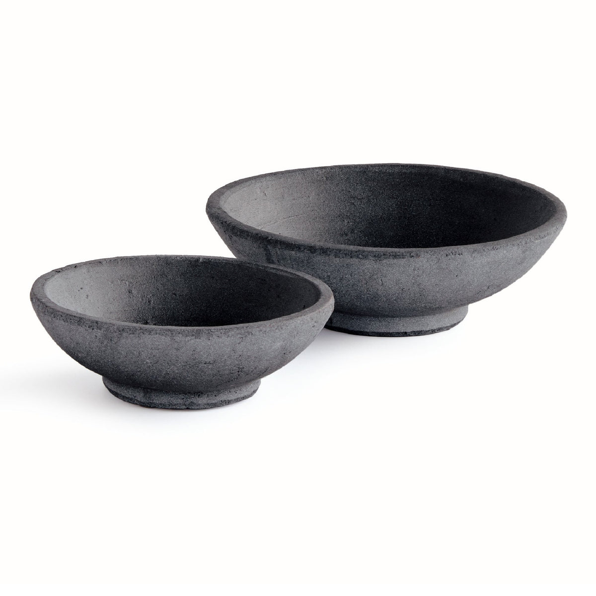 Two dark gray textured teracotta bowls of different sizes, displayed on a clean white background.