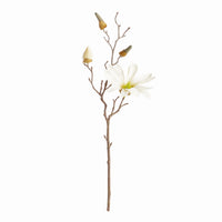 A single artificial magnolia branch with a white flower, two closed buds, and brown branches on a plain white background.