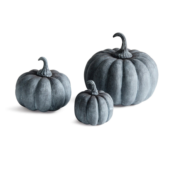 Three faux decorative pumpkins in a distressed charcoal gray finish, shown in three sizes on a clean white background.