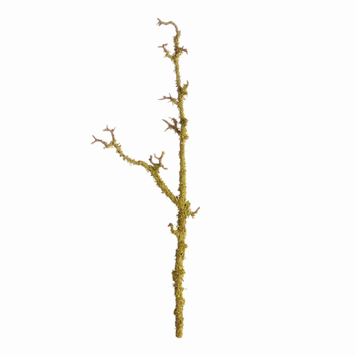 A single artificial decorative branch with textured mossy yellow-green coloring and brown tips, isolated on a solid white background.