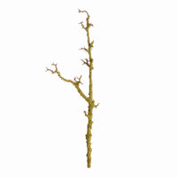 A single artificial decorative branch with textured mossy yellow-green coloring and brown tips, isolated on a solid white background.