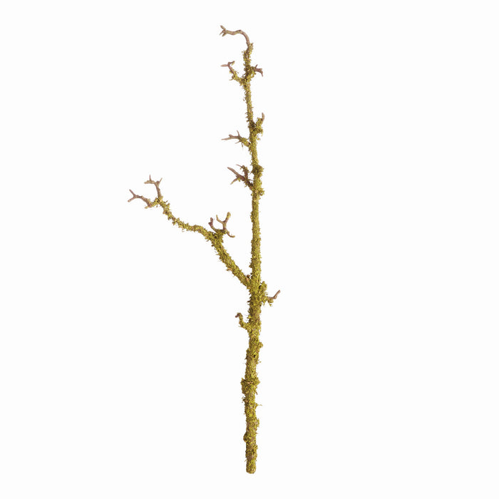 A single artificial decorative branch with textured mossy yellow-green coloring and brown tips, isolated on a solid white background.