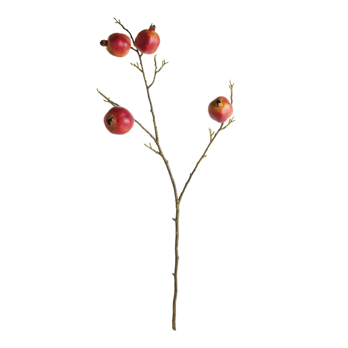Artificial branch with red pomegranates on a white background