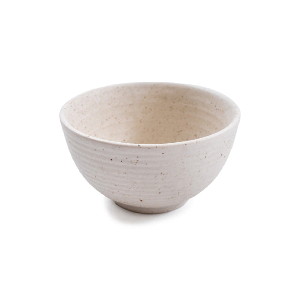A small ceramic bowl with a speckled cream and beige finish, featuring subtle horizontal ribbing on the exterior, shown on a plain white background.