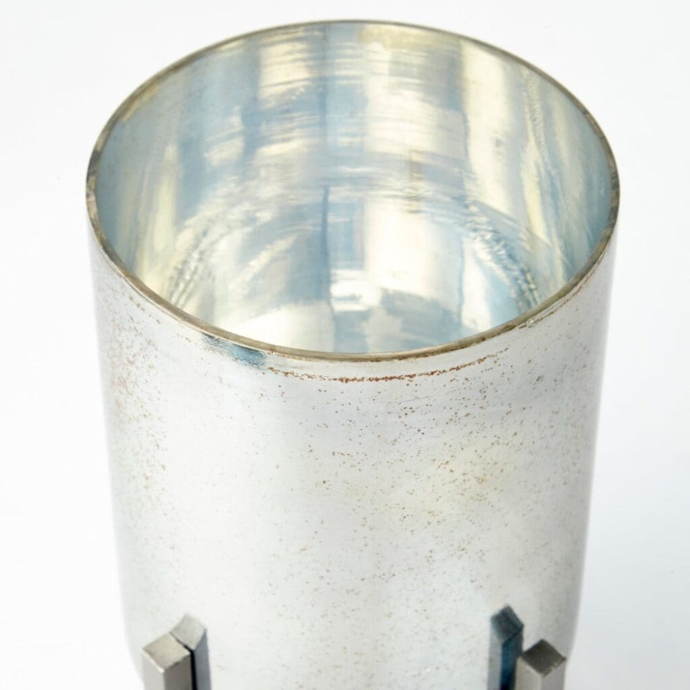 round glass candleholder black verdi garnet iron base silver small