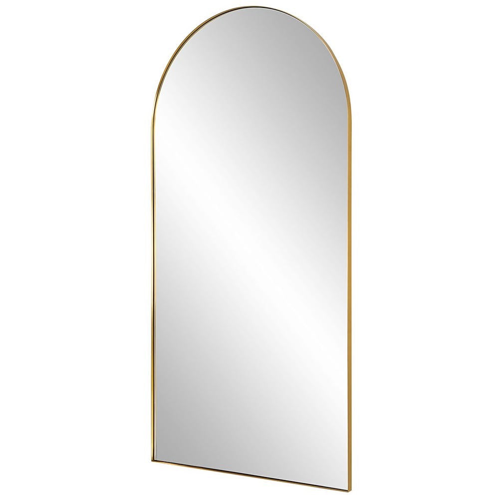 Arched mirror with gold frame on a white background
