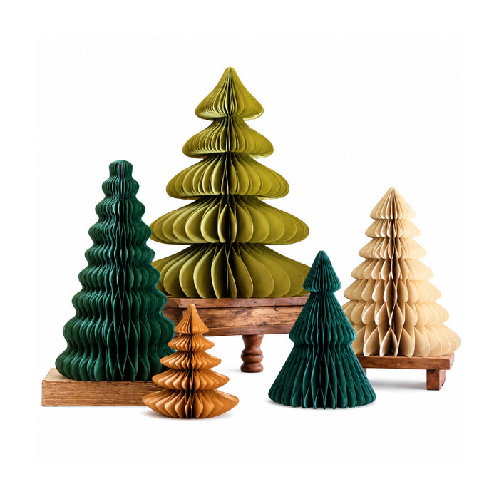 Assorted size and color of green and beige accordian paper christmas trees