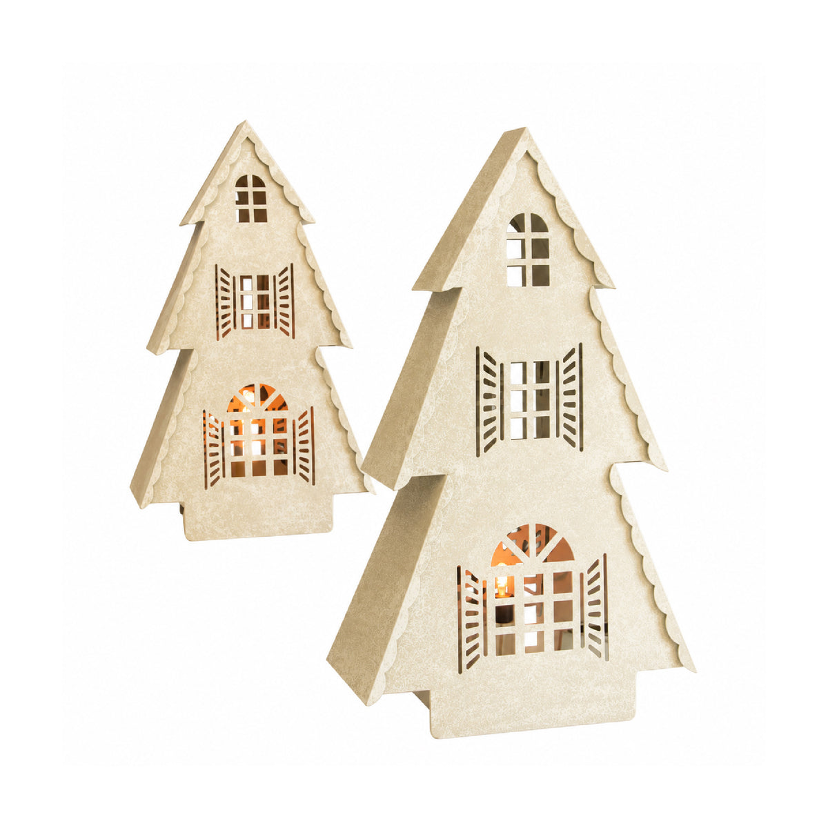 Two small decorative house-shaped ornaments or lanterns made of light natural wood, each with cutout windows and warm glowing lights inside, shown on a plain white background.