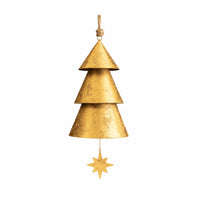 A hanging Christmas tree wind chime made of three stacked, textured metallic gold cones with a small star dangle, suspended against a solid white background.
