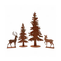 Rust color metal sculptured trees and deer on stands