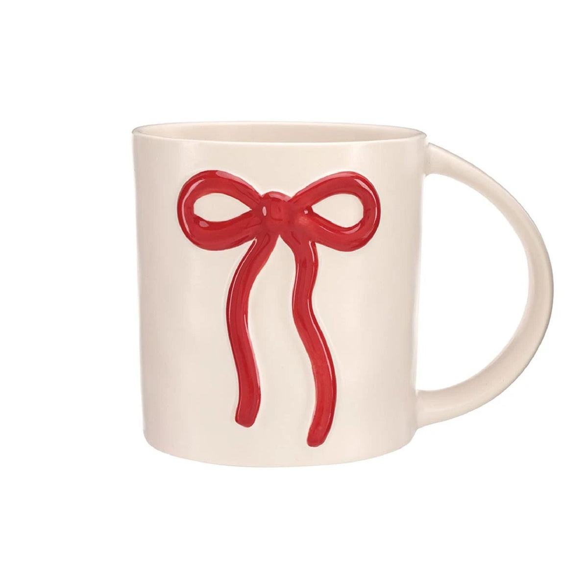 An off-white ceramic mug featuring a raised, glossy red gift bow design on the front, set against a plain white background.