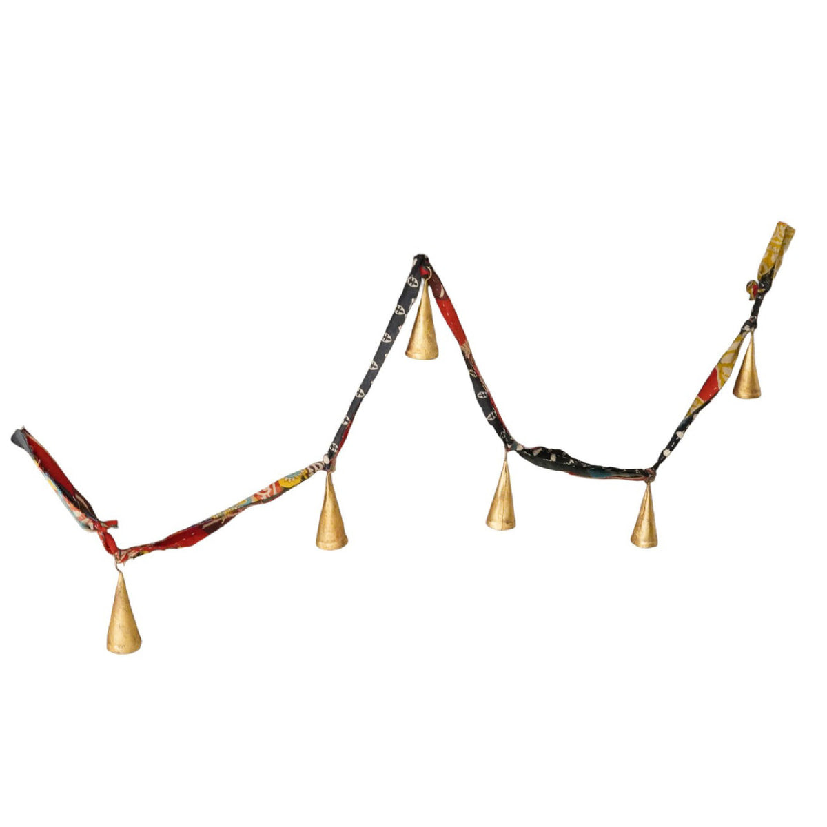 A decorative garland featuring multiple small metallic gold bell-shaped ornaments hanging from a patterned fabric ribbon with red, black, and gold details, set against a plain white background.