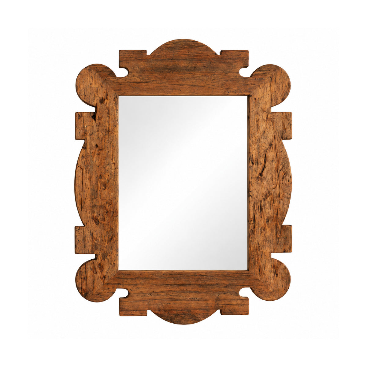 A rustic rectangular wall mirror with an ornate carved wooden frame.