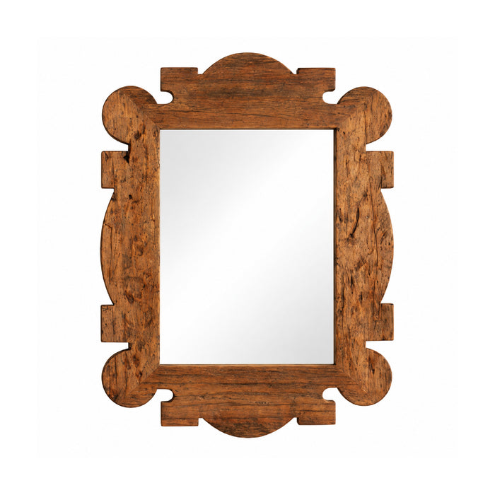 A rustic rectangular wall mirror with an ornate carved wooden frame.