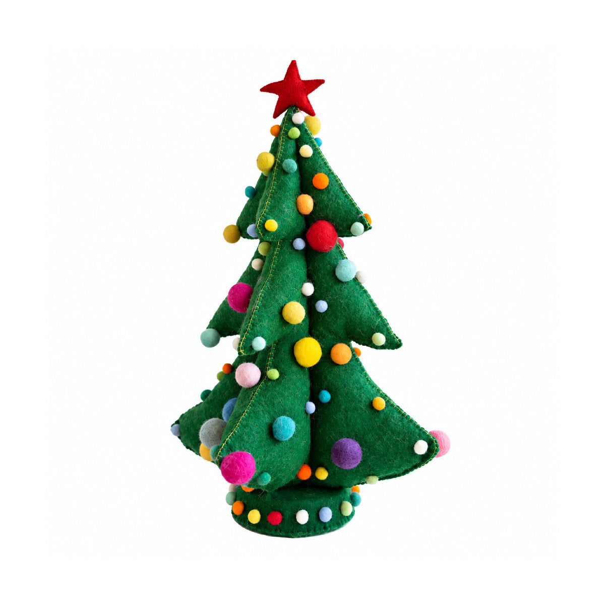 Green felt christmas tree with colored pom pom balls