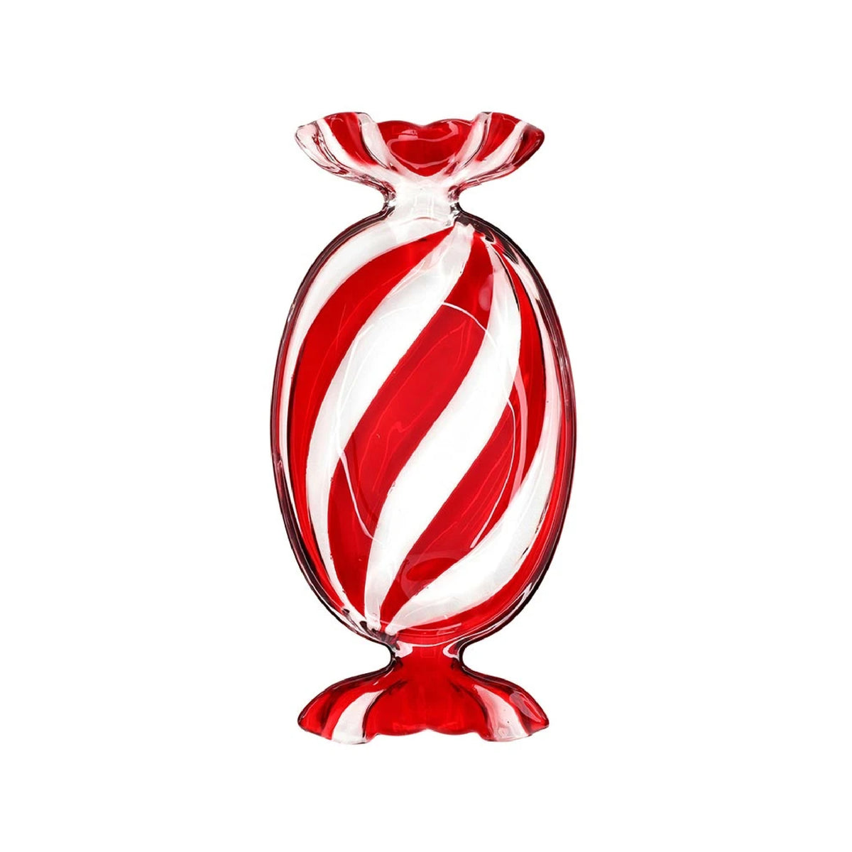 A decorative glass vase shaped like a candy, featuring a red and white spiral stripe pattern on a solid white background.