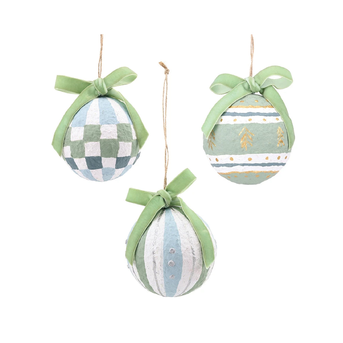 green blue white round ornament set paper mache