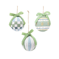 green blue white round ornament set paper mache