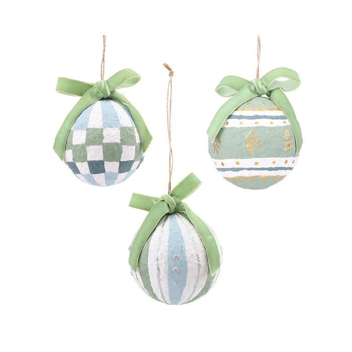 green blue white round ornament set paper mache