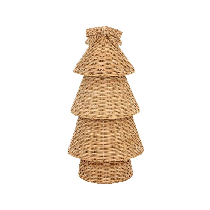 A natural woven rattan Christmas tree decoration with tiered levels and a small bow on top, isolated on a white background.