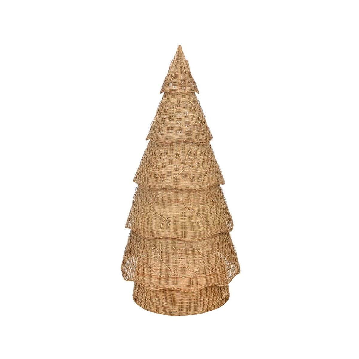 A tiered, cone-shaped decorative piece made from natural woven straw or wicker, shown against a plain white background.