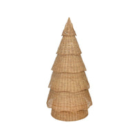 A tiered, cone-shaped decorative piece made from natural woven straw or wicker, shown against a plain white background.