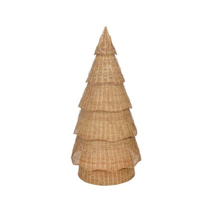 A tiered, cone-shaped decorative piece made from natural woven straw or wicker, shown against a plain white background.