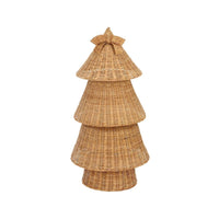 A natural woven rattan Christmas tree decoration with tiered levels and a small star topper, shown against a plain white background.