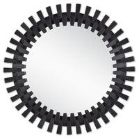round black framed wall mirror splayed wood pieces