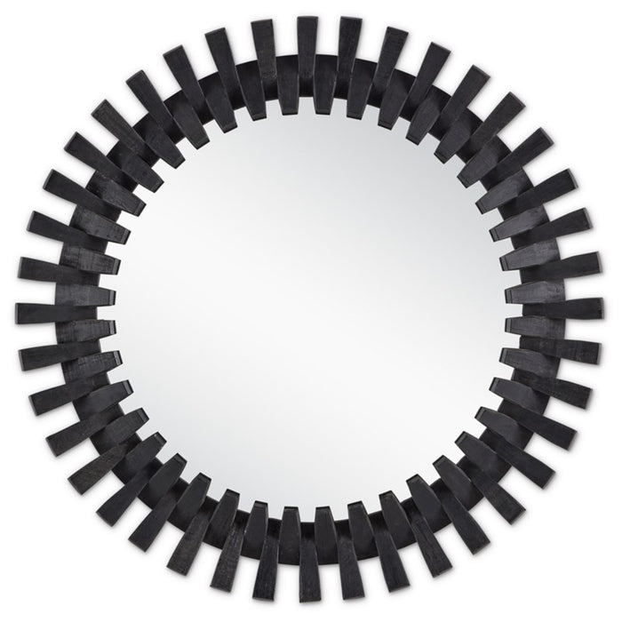 round black framed wall mirror splayed wood pieces