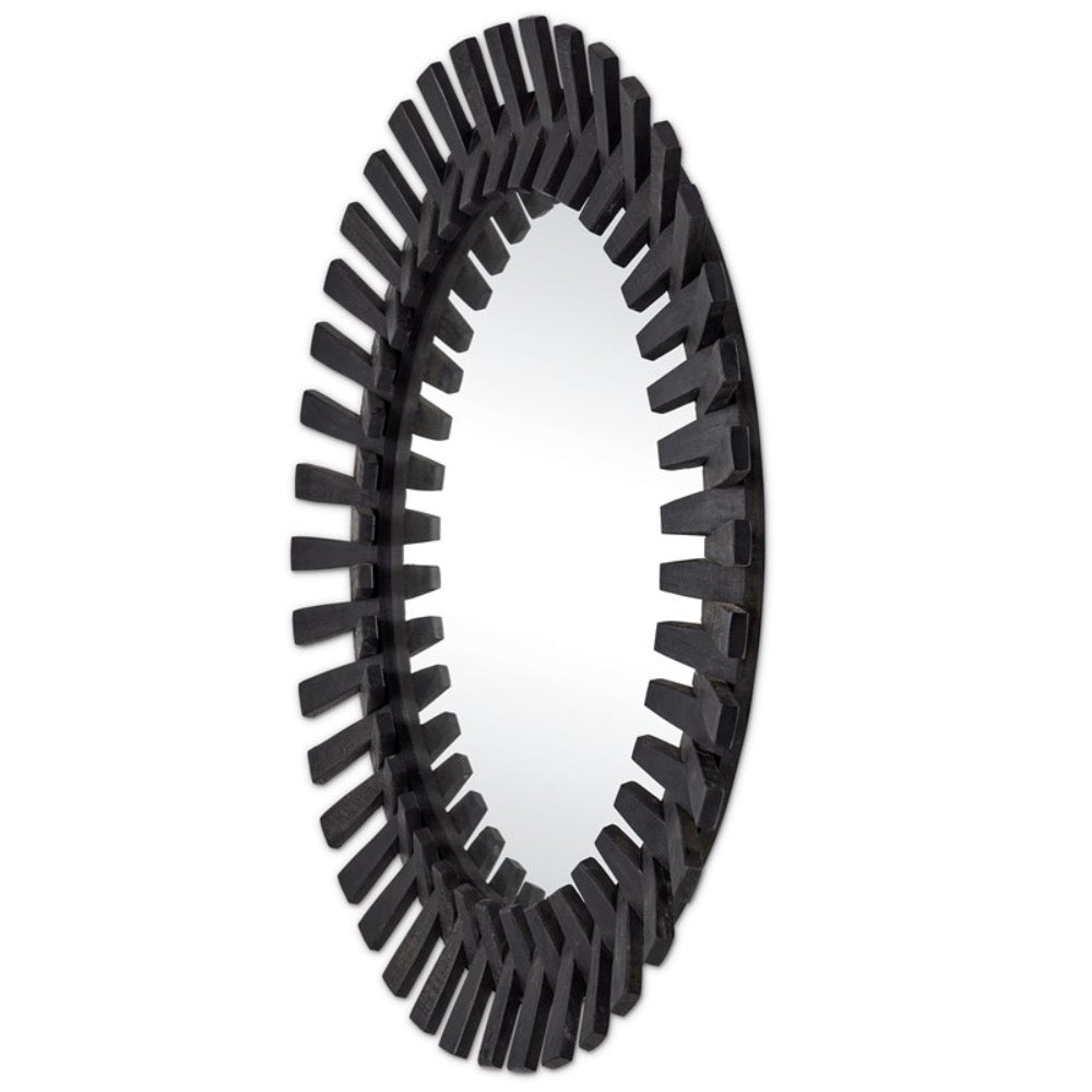 round black framed wall mirror splayed wood pieces