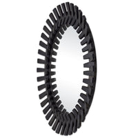 round black framed wall mirror splayed wood pieces