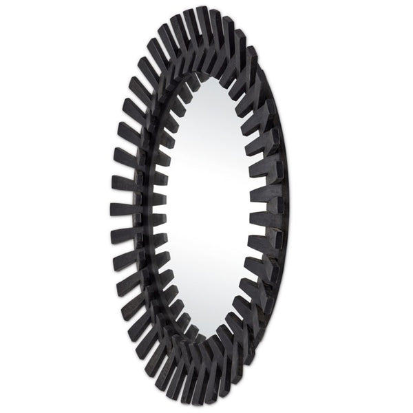 round black framed wall mirror splayed wood pieces