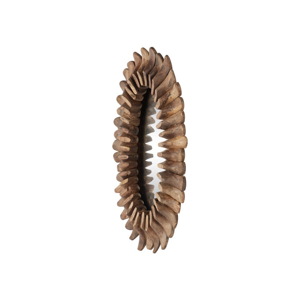 An oval wall mirror with a sculptural frame made of layered, organic-shaped wooden slats in natural brown tones, shown against a solid white background.