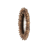 An oval wall mirror with a sculptural frame made of layered, organic-shaped wooden slats in natural brown tones, shown against a solid white background.